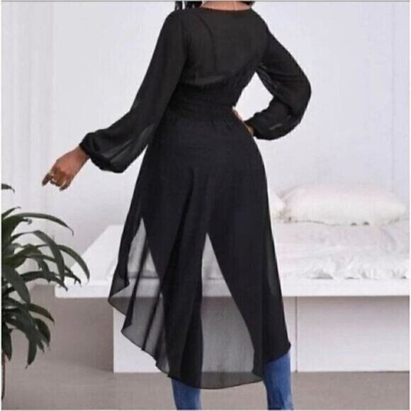 Sexy Plunging Neck Lantern Sleeve High Low Hem Top - Picture 4 of 4